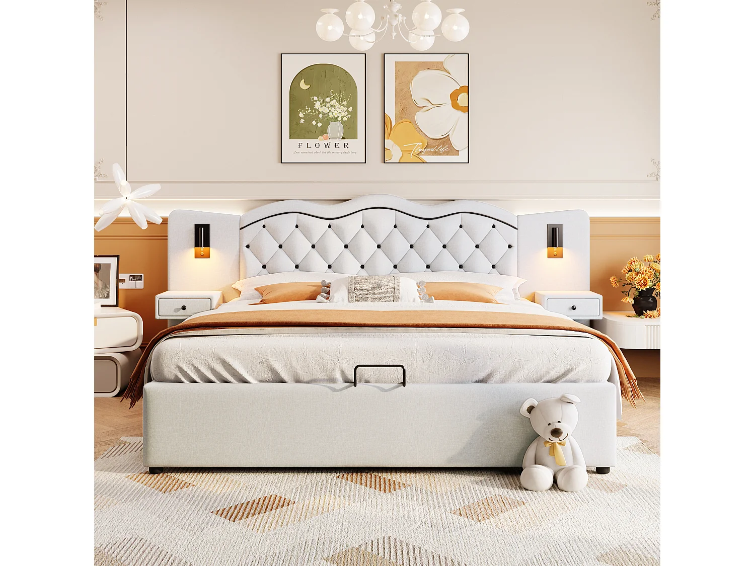 180 x 200 cm großes Bett mit Stauraum aus Leinen – 2 Nachttische mit Stauraum, USB-Anschluss und Lampen – Beige