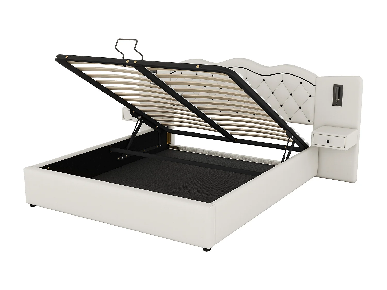 180 x 200 cm großes Bett mit Stauraum aus Leinen – 2 Nachttische mit Stauraum, USB-Anschluss und Lampen – Beige