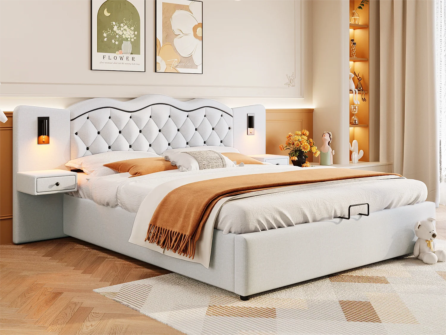 Letto contenitore biancheria 180x200 cm - 2 comodini contenitori con presa USB e lampade - Beige