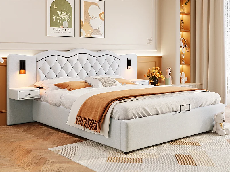 Cama de arrumação em linho 180x200 cm - 2 mesas de cabeceira com tomada USB e candeeiros - Bege