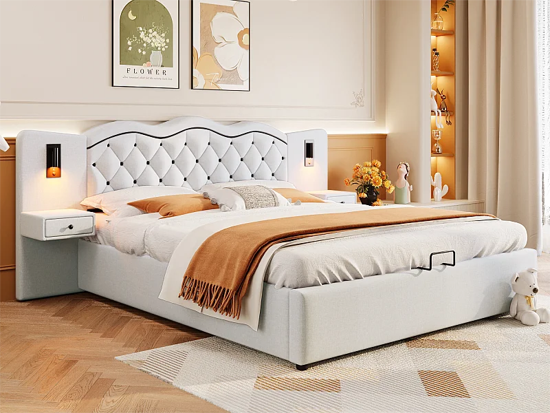 Lit coffre 180x200 cm en lin - 2 chevets de rangement avec prise USB et lampes - Beige