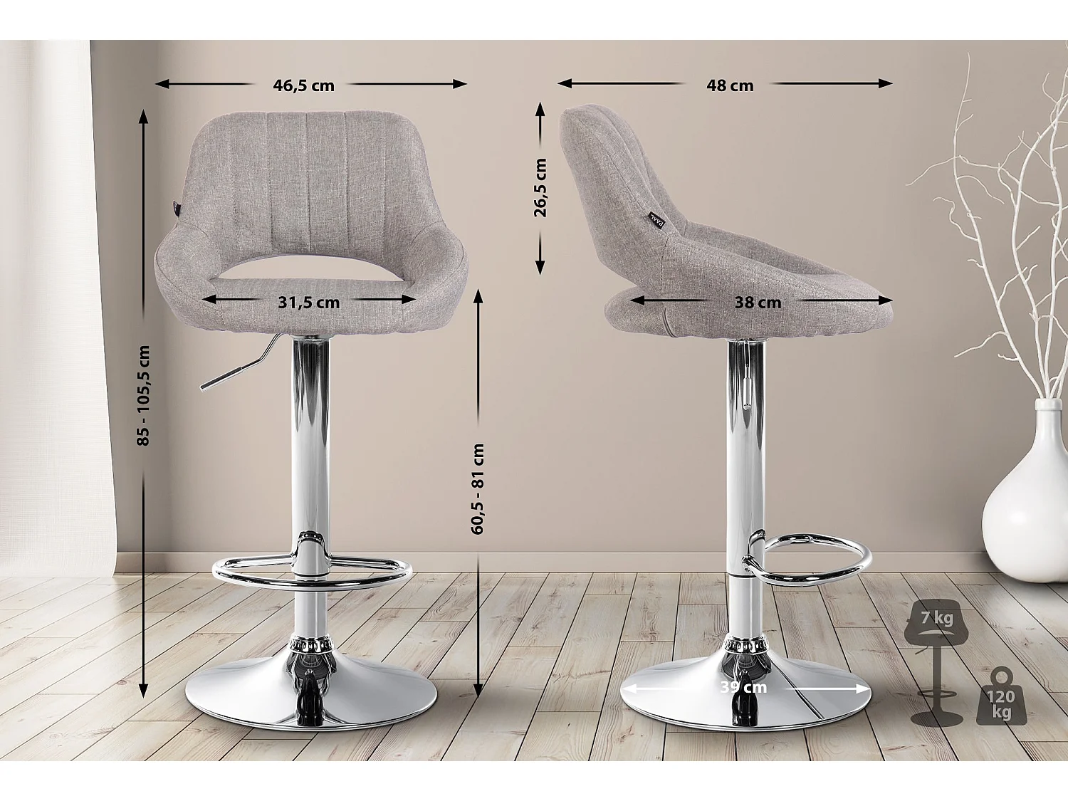 Tabouret de bar - Tissu & Chrome - Gris - Milet