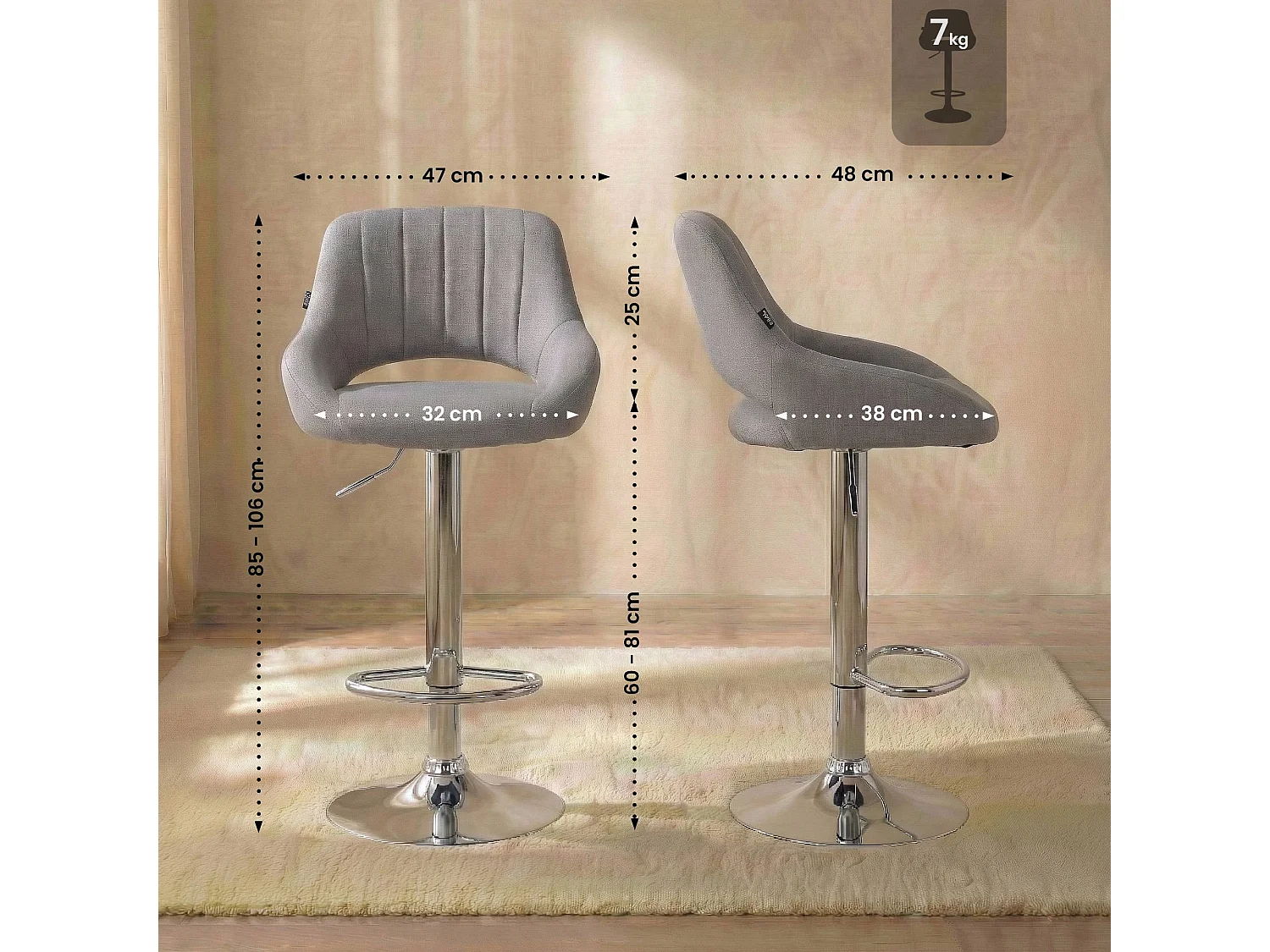 Tabouret de bar - Tissu & Chrome - Gris - Milet