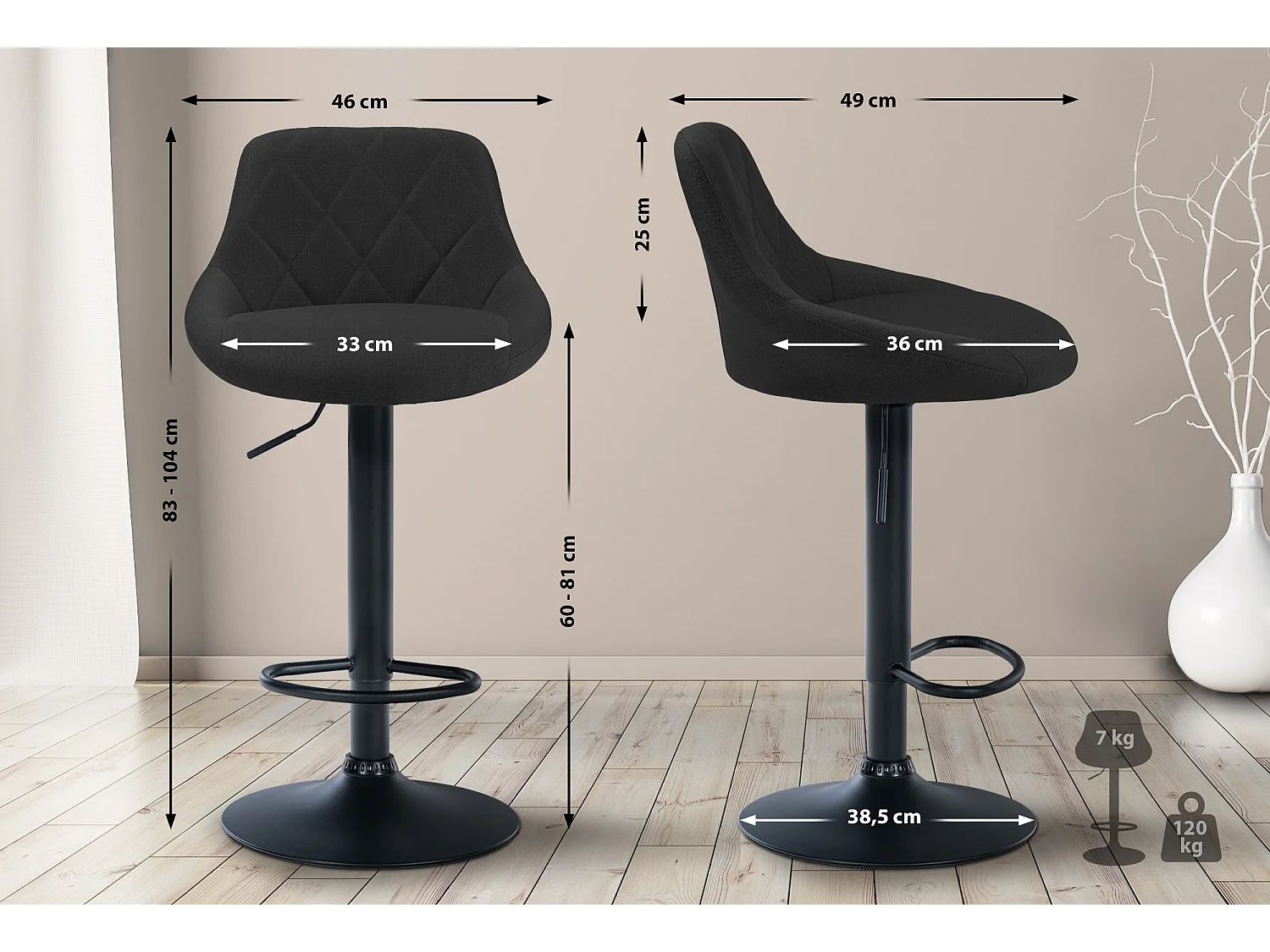 Tabouret de bar - Tissu & Noir - Noir - Lazio