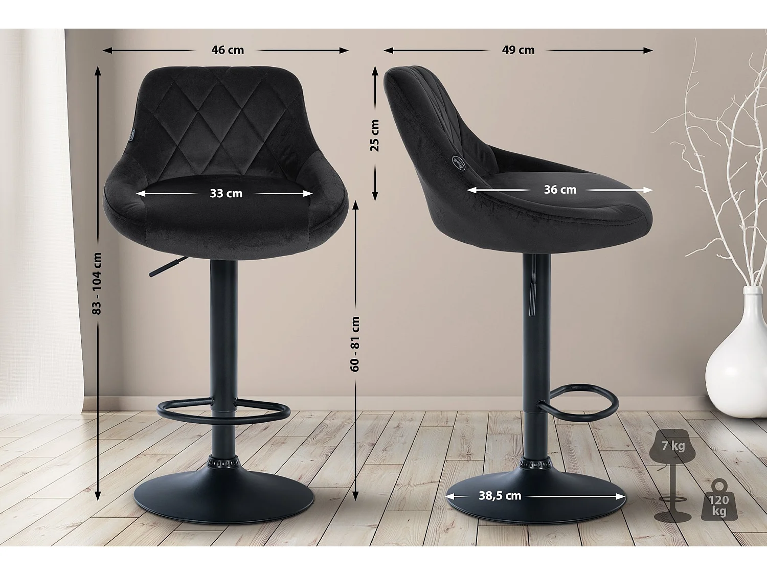 Lot de 2  Tabouret de bar - Velours & Métal - Noir - Lazio
