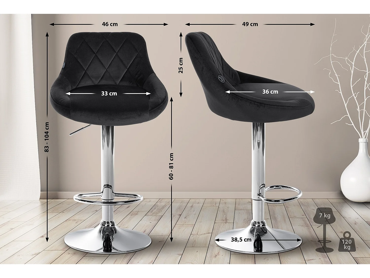 Tabouret de bar - Tissu & Chrome - Noir - Lazio