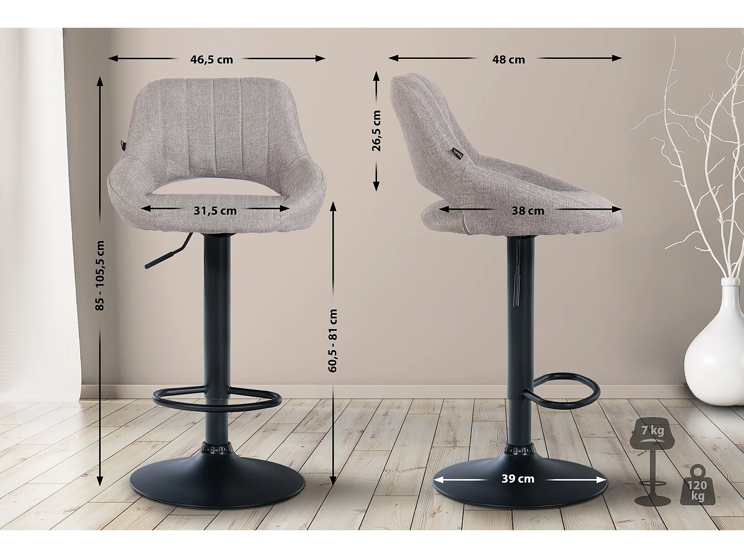 Tabouret de bar - Tissu & Noir - Gris - Milet