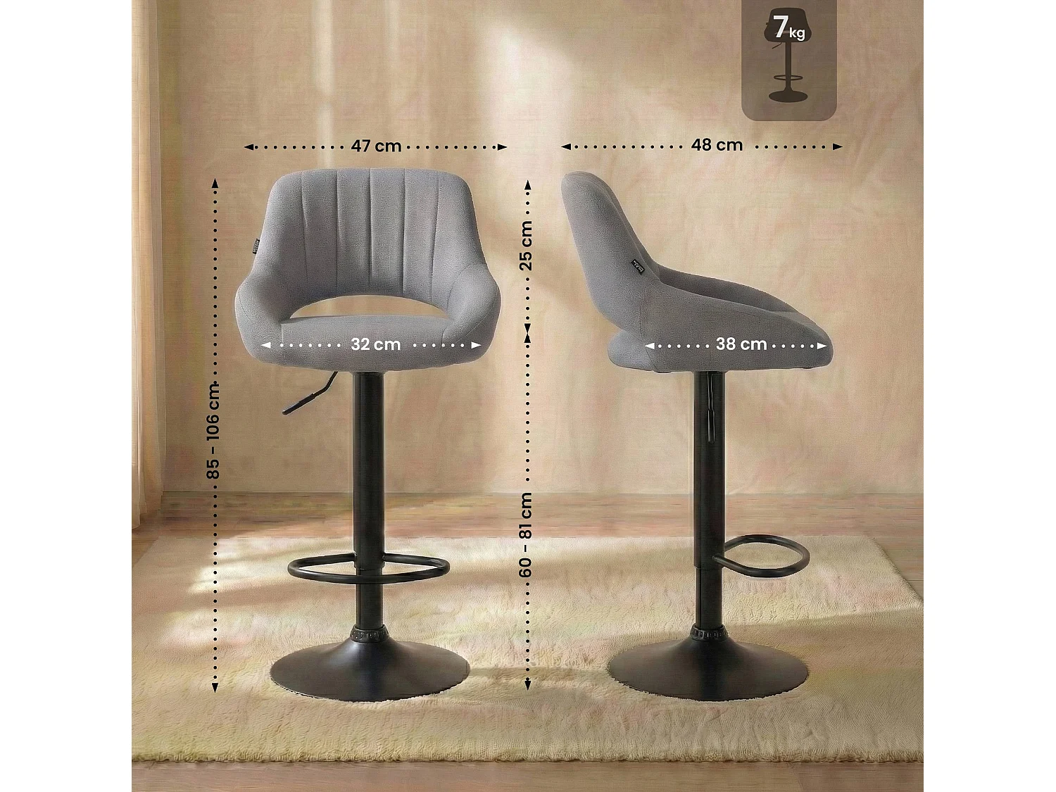 Tabouret de bar - Tissu & Noir - Gris - Milet