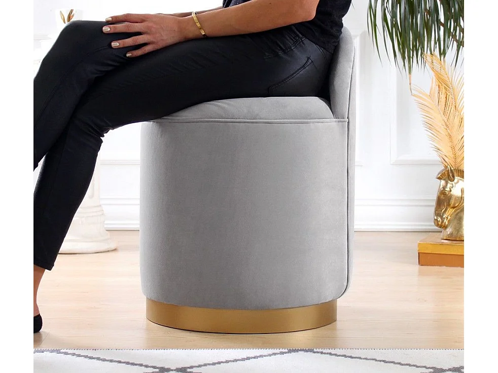 Pouf design Cuvelo D45cm Velours Gris clair avec base Or