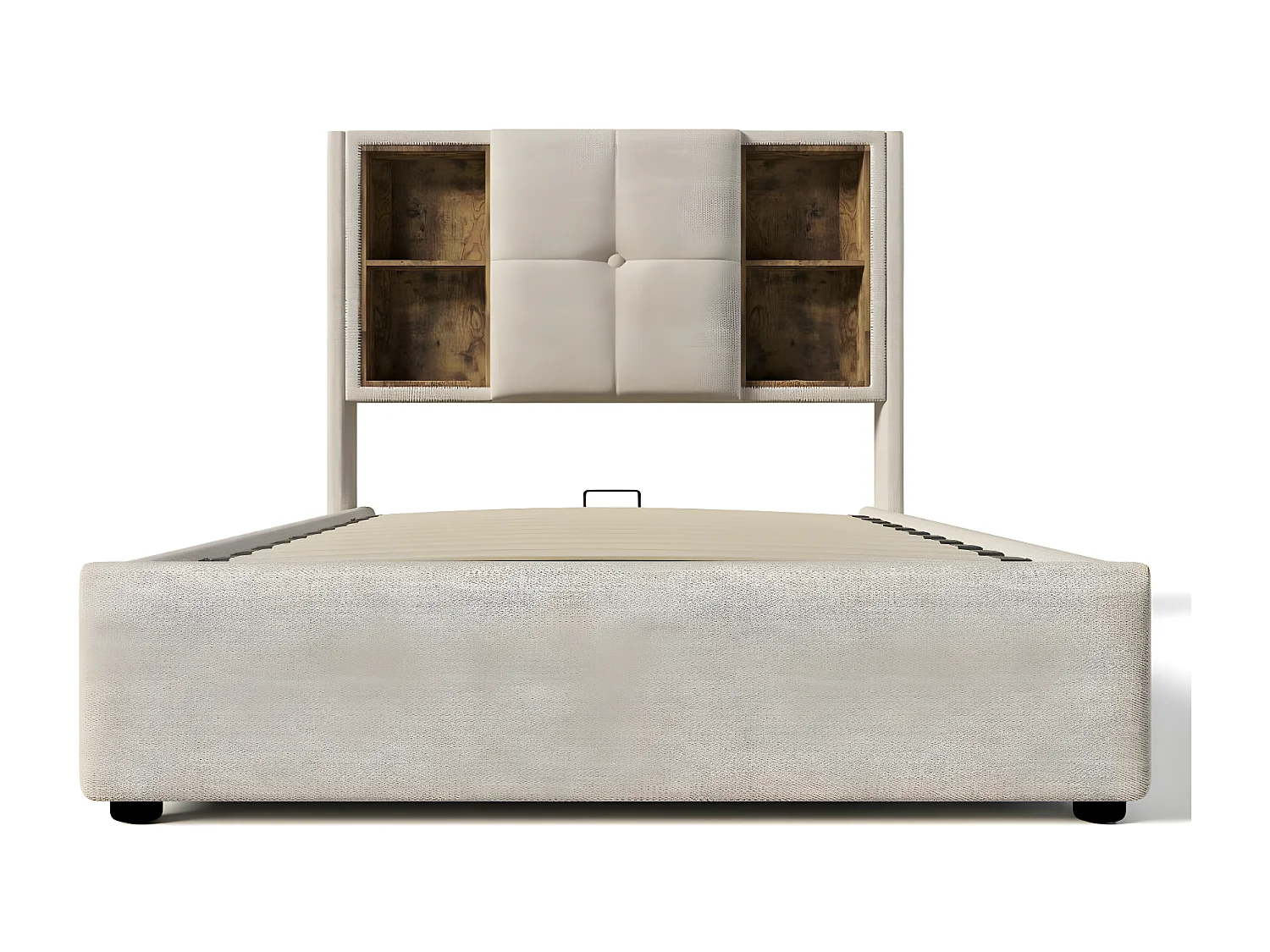 Erwachsenenbett, Einzelbettrahmen 90x200 cm, mit Stauraum, mit kabelloser Ladefunktion USB C, Holz und natürliches Leinen (Matratze nicht enthalten).