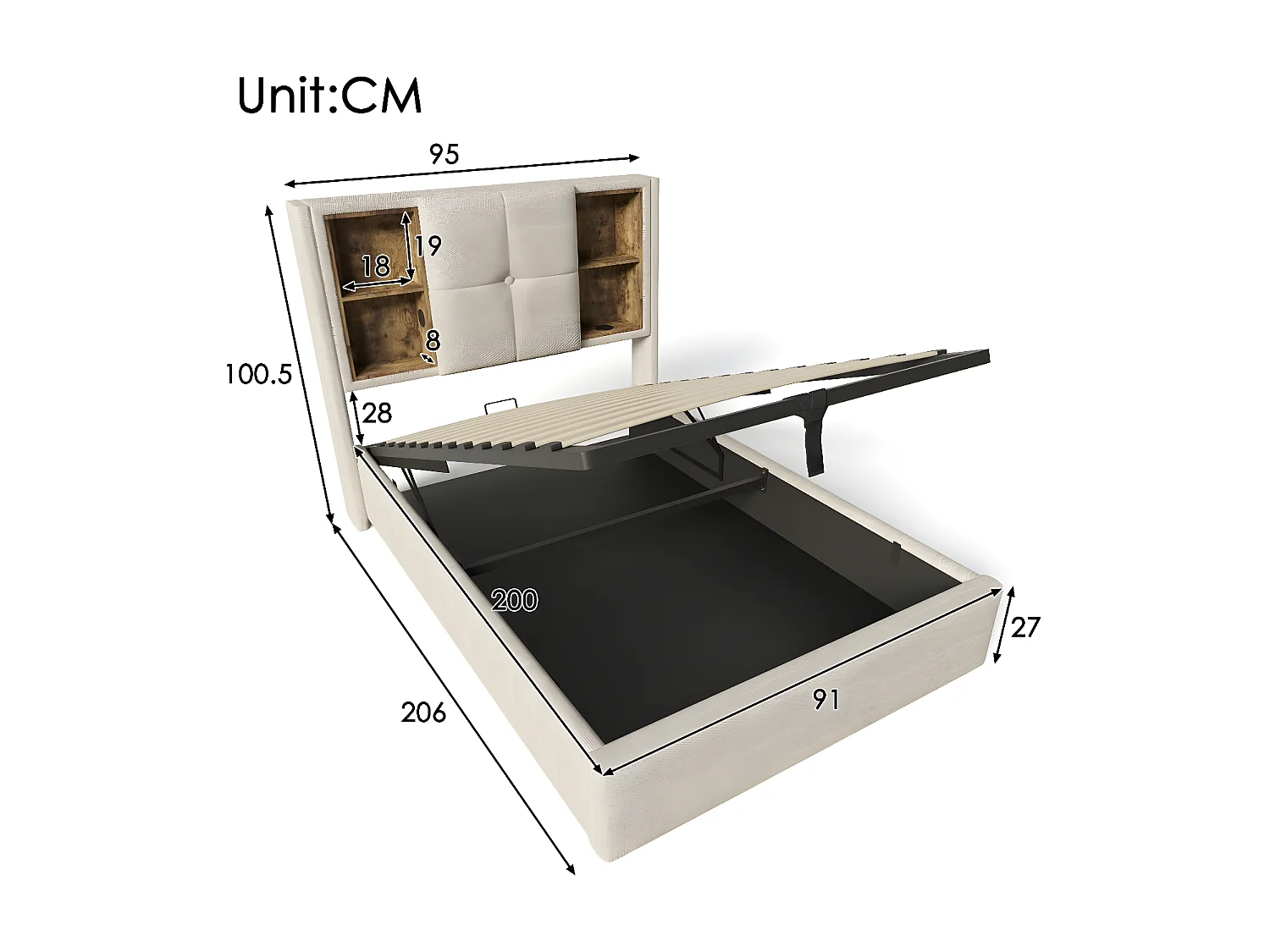 Erwachsenenbett, Einzelbettrahmen 90x200 cm, mit Stauraum, mit kabelloser Ladefunktion USB C, Holz und natürliches Leinen (Matratze nicht enthalten).