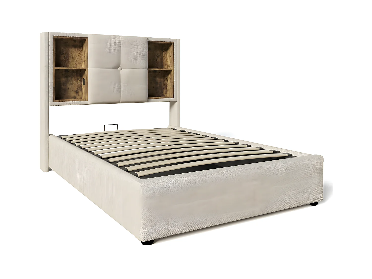 Lit adulte, Cadre de lit simple 90x200 cm, avec espace de rangement, avec recharge sans fil USB C, bois et lin naturel (matelas non inclus)