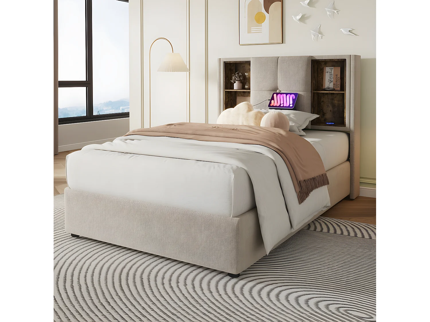 Lit adulte, Cadre de lit simple 90x200 cm, avec espace de rangement, avec recharge sans fil USB C, bois et lin naturel (matelas non inclus)