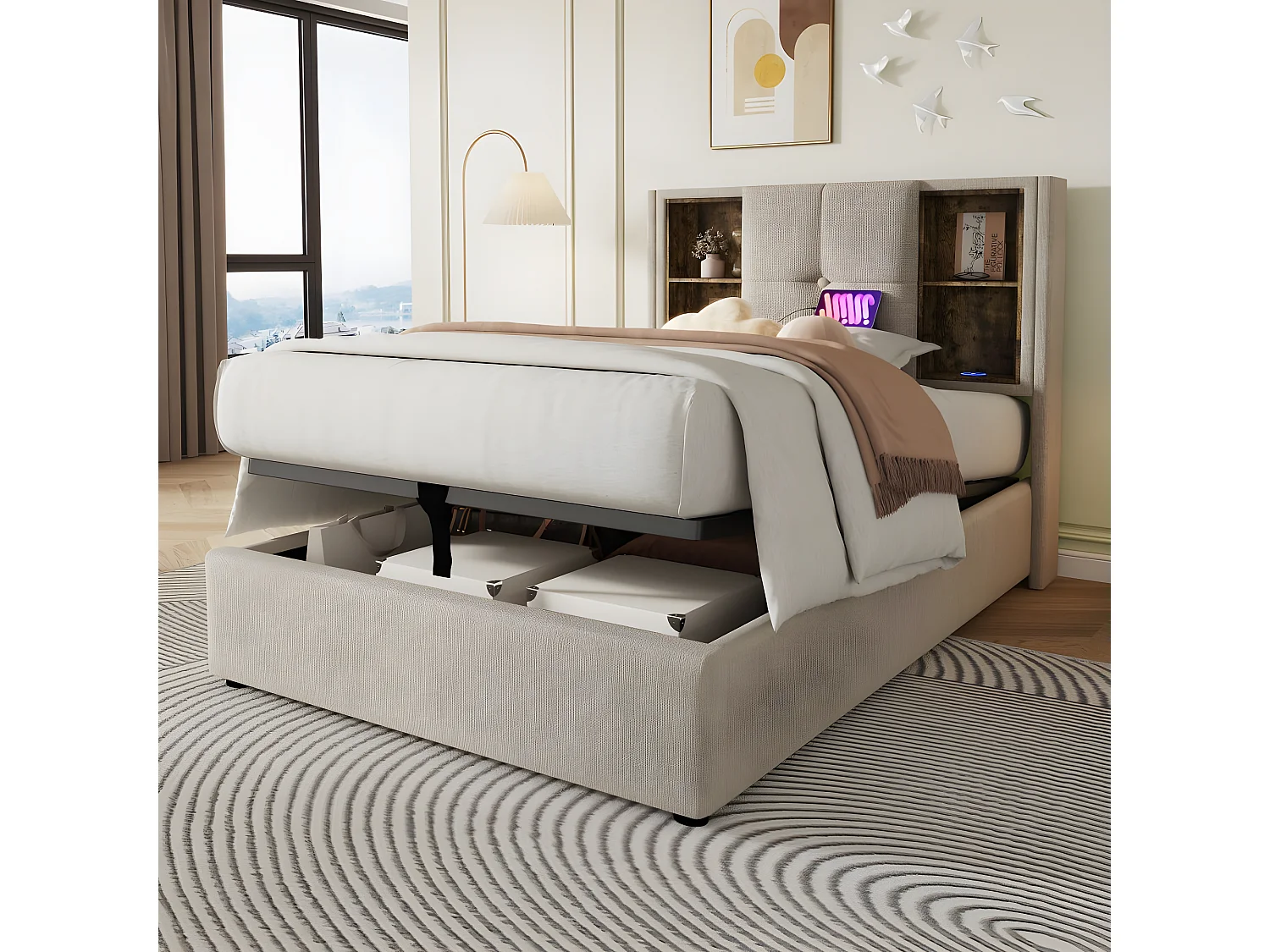 Lit adulte, Cadre de lit simple 90x200 cm, avec espace de rangement, avec recharge sans fil USB C, bois et lin naturel (matelas non inclus)