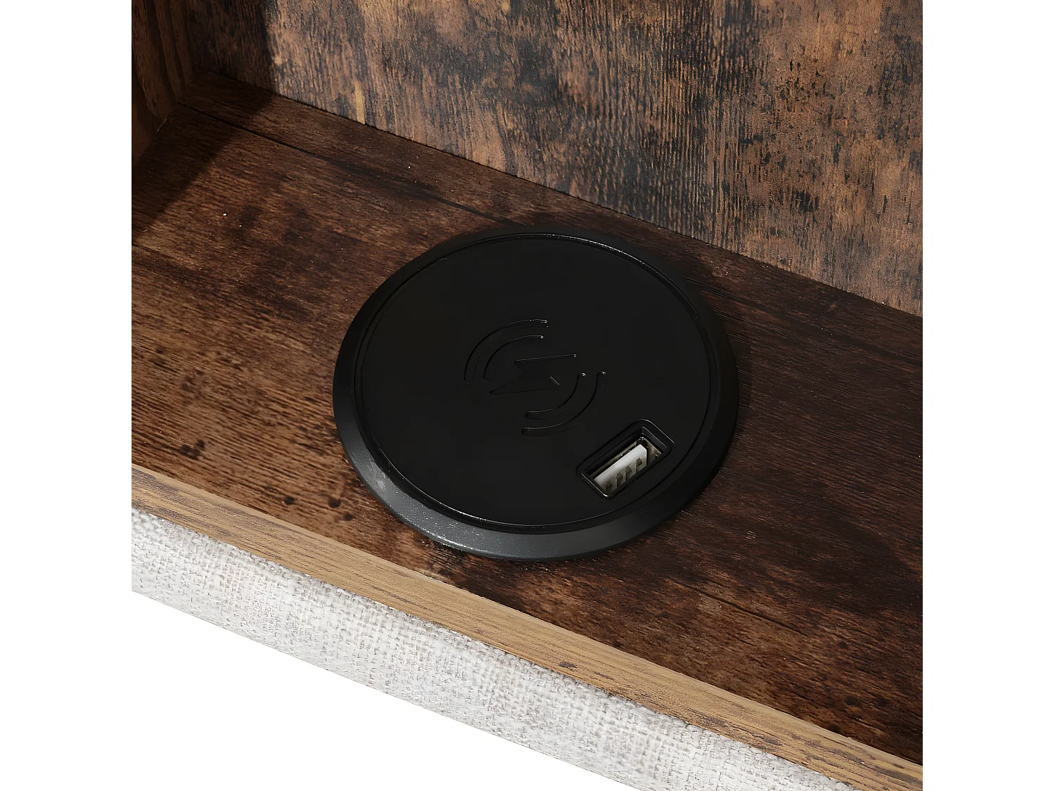 Lit adulte, Cadre de lit simple 90x200 cm, avec espace de rangement, avec recharge sans fil USB C, bois et lin naturel (matelas non inclus)