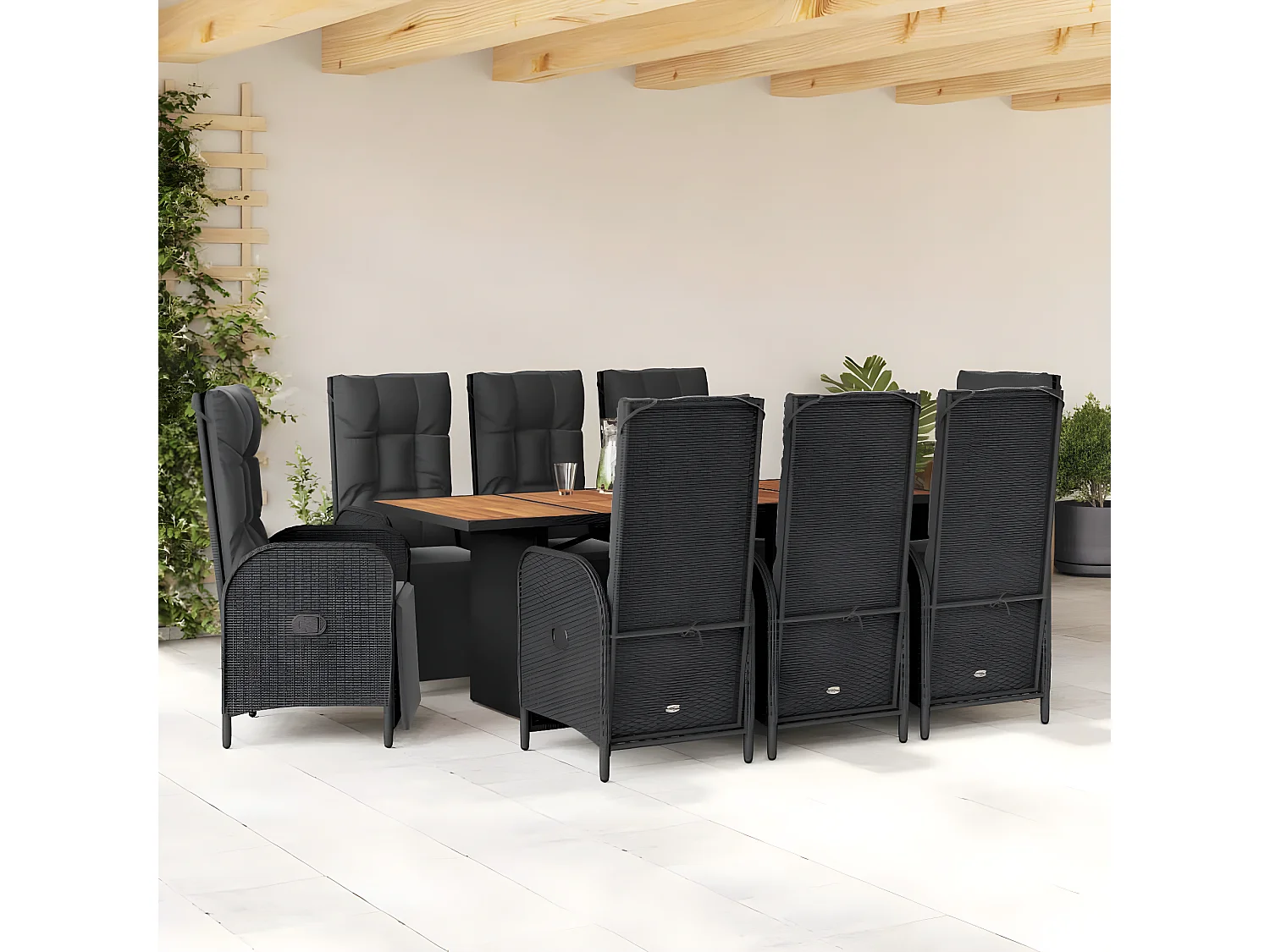 Ensemble à manger de jardin 9pcs coussins noir résine tressée