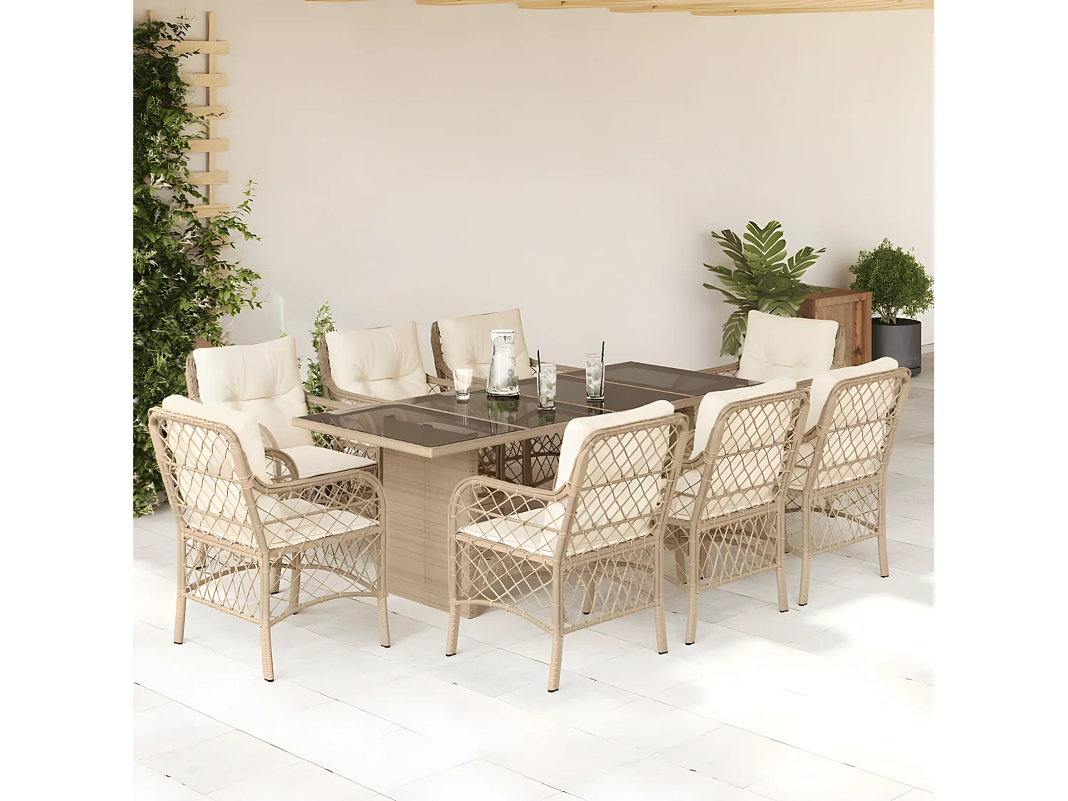 Ensemble à manger de jardin et coussins 9 pcs beige Poly rotin