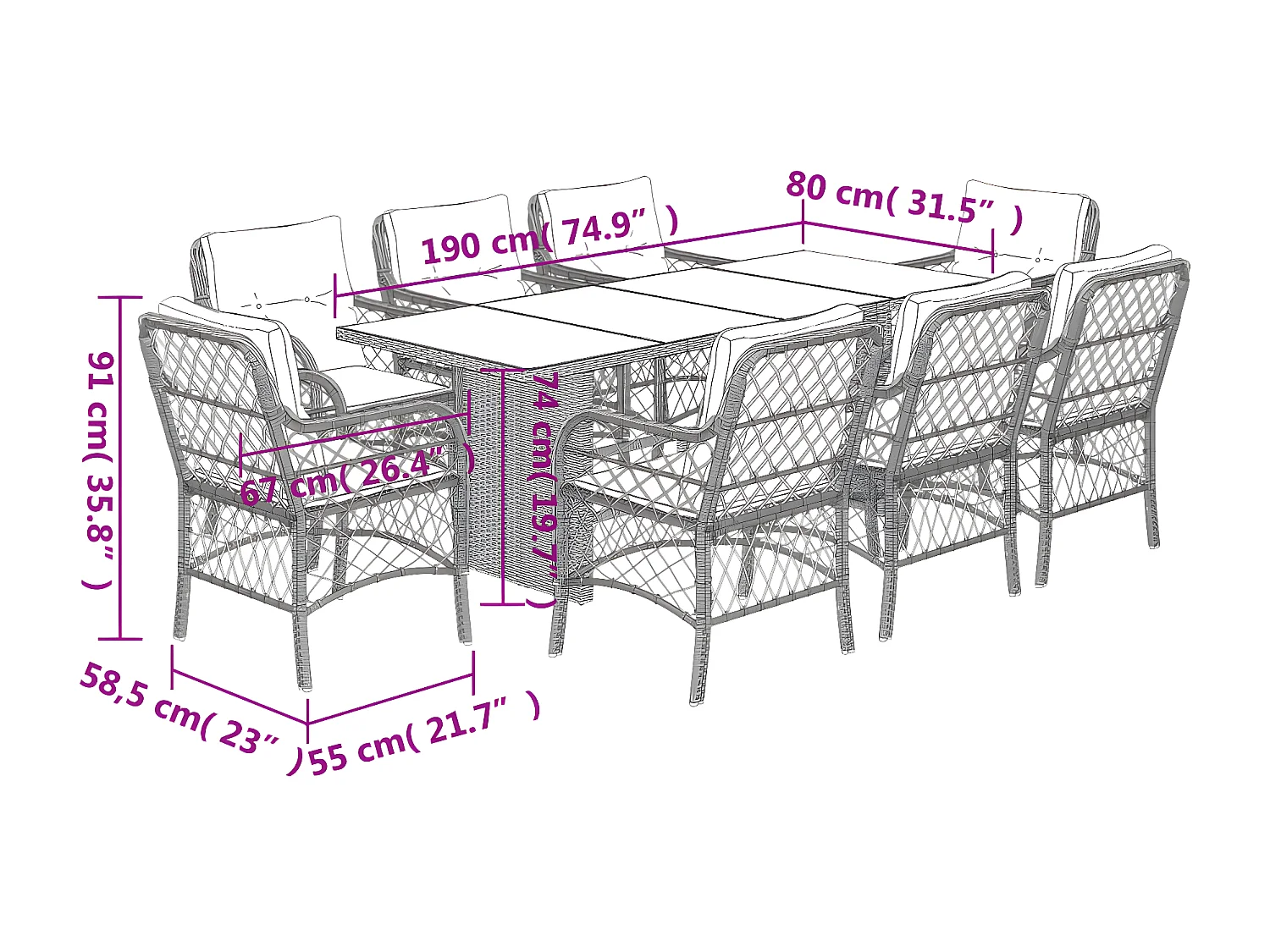 Ensemble à manger de jardin et coussins 9 pcs beige Poly rotin