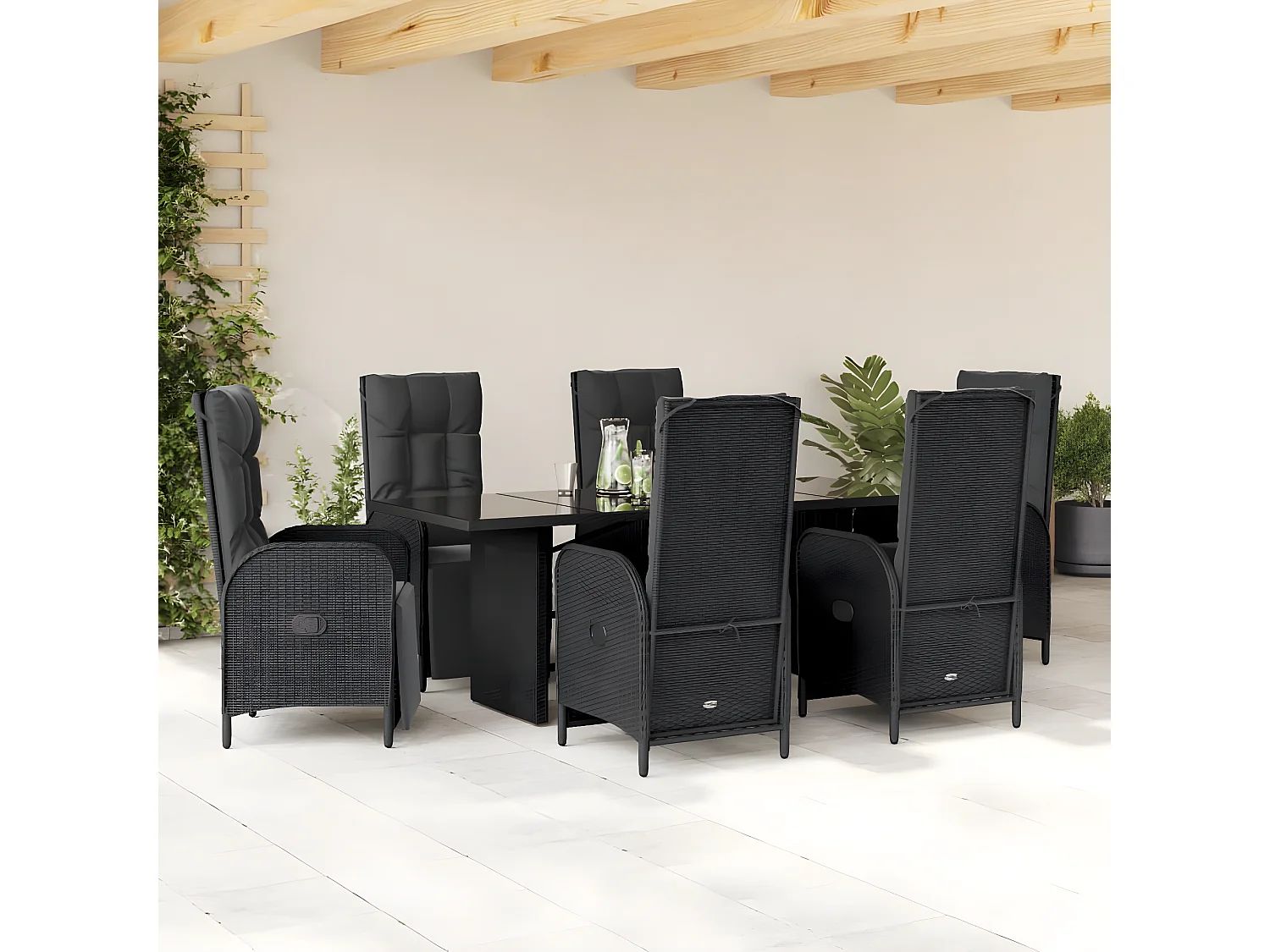 Ensemble à manger de jardin coussins 7pcs Noir Résine tressée