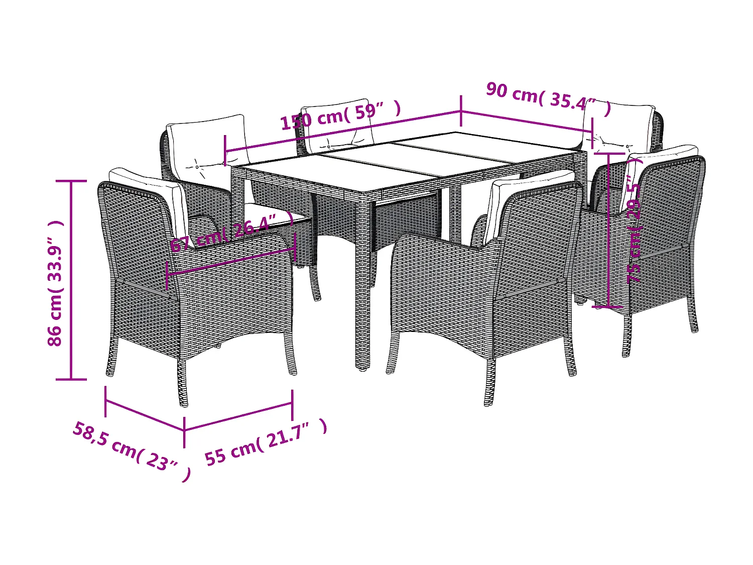 Ensemble à manger de jardin et coussins 7 pcs gris rotin