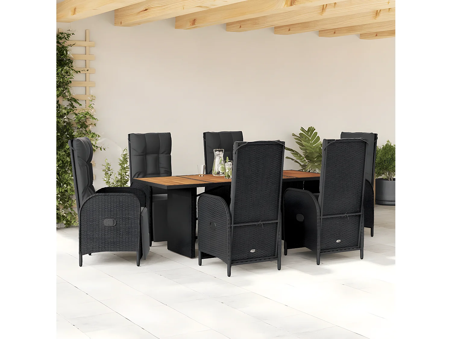 Ensemble à manger de jardin coussins 7pcs Noir Résine tressée