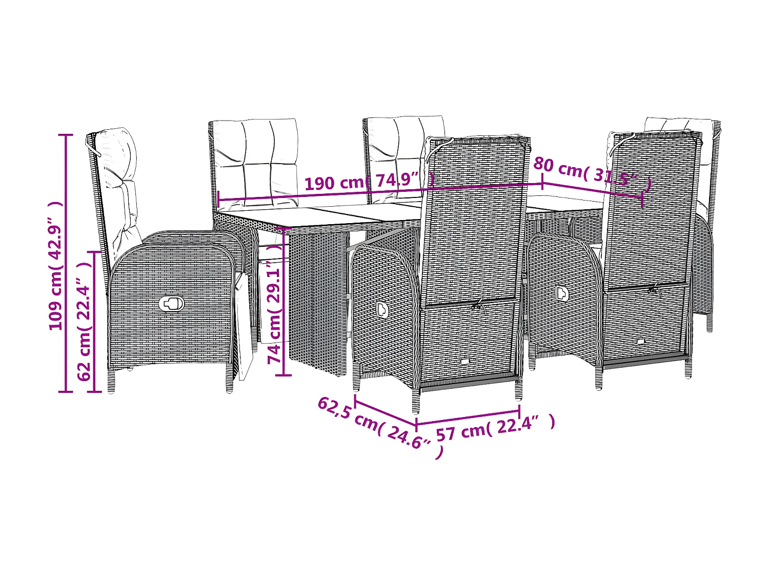 Ensemble à manger de jardin coussins 7pcs Noir Résine tressée