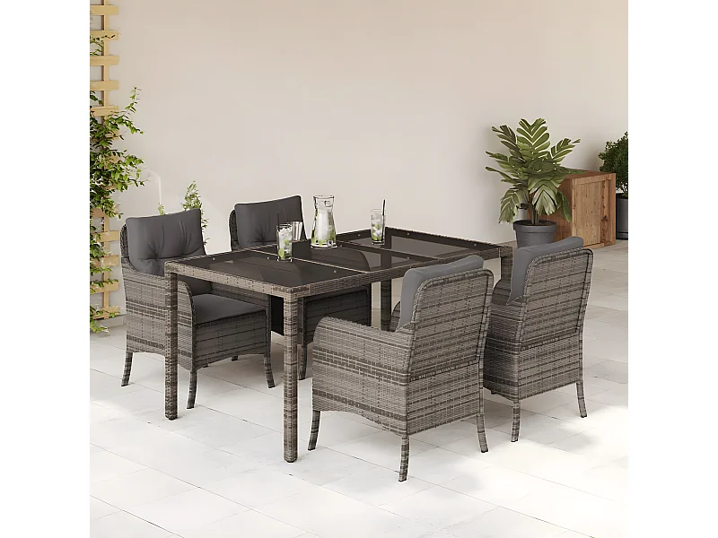 Ensemble à manger de jardin 5 pcs coussins gris résine tressée