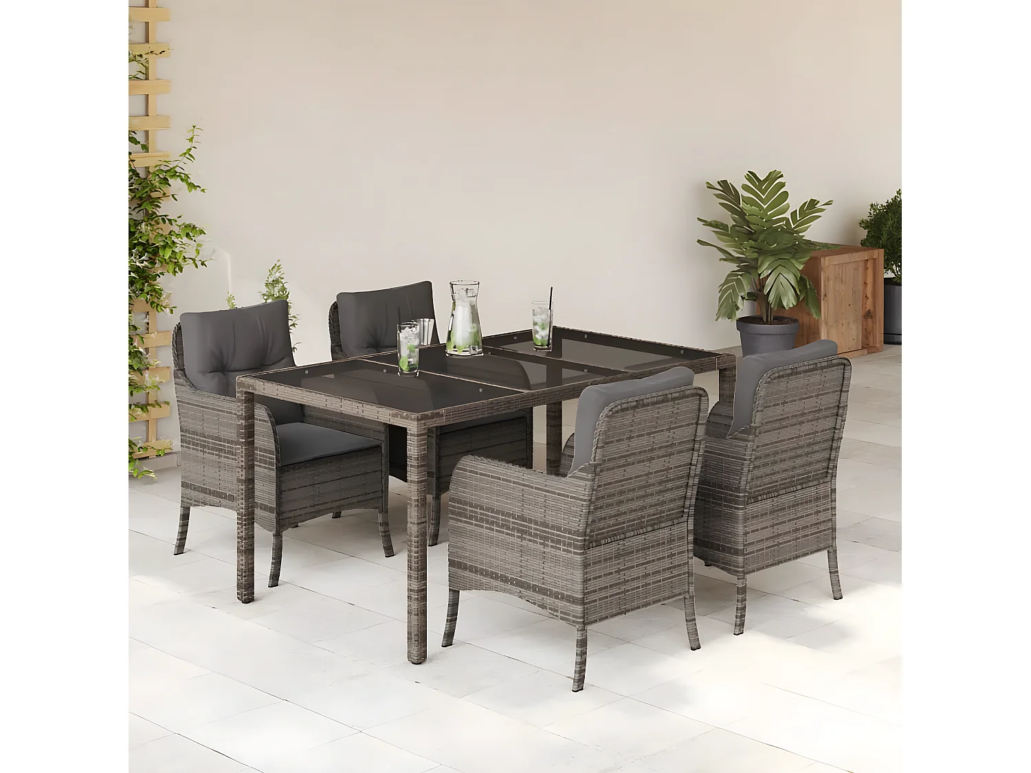 Ensemble à manger de jardin 5 pcs coussins gris résine tressée