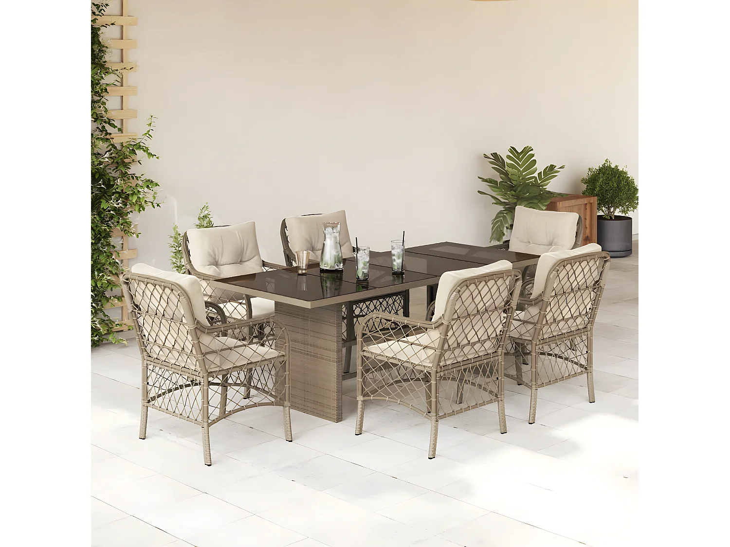 Ensemble à manger de jardin et coussins 7 pcs beige poly rotin