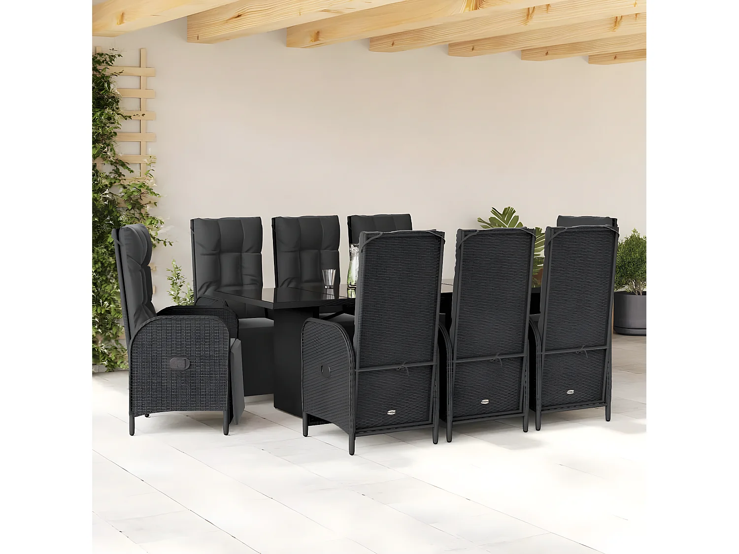 Ensemble à manger de jardin 9pcs coussins noir résine tressée