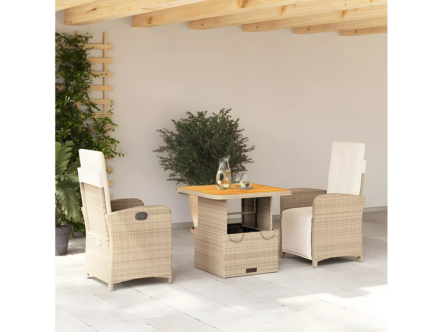 Ensemble à manger de jardin et coussins 3 pcs Beige poly rotin