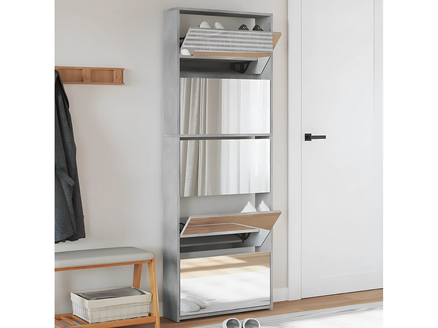 Armoire à chaussures miroir 5 niveaux gris béton 63x17x169,5