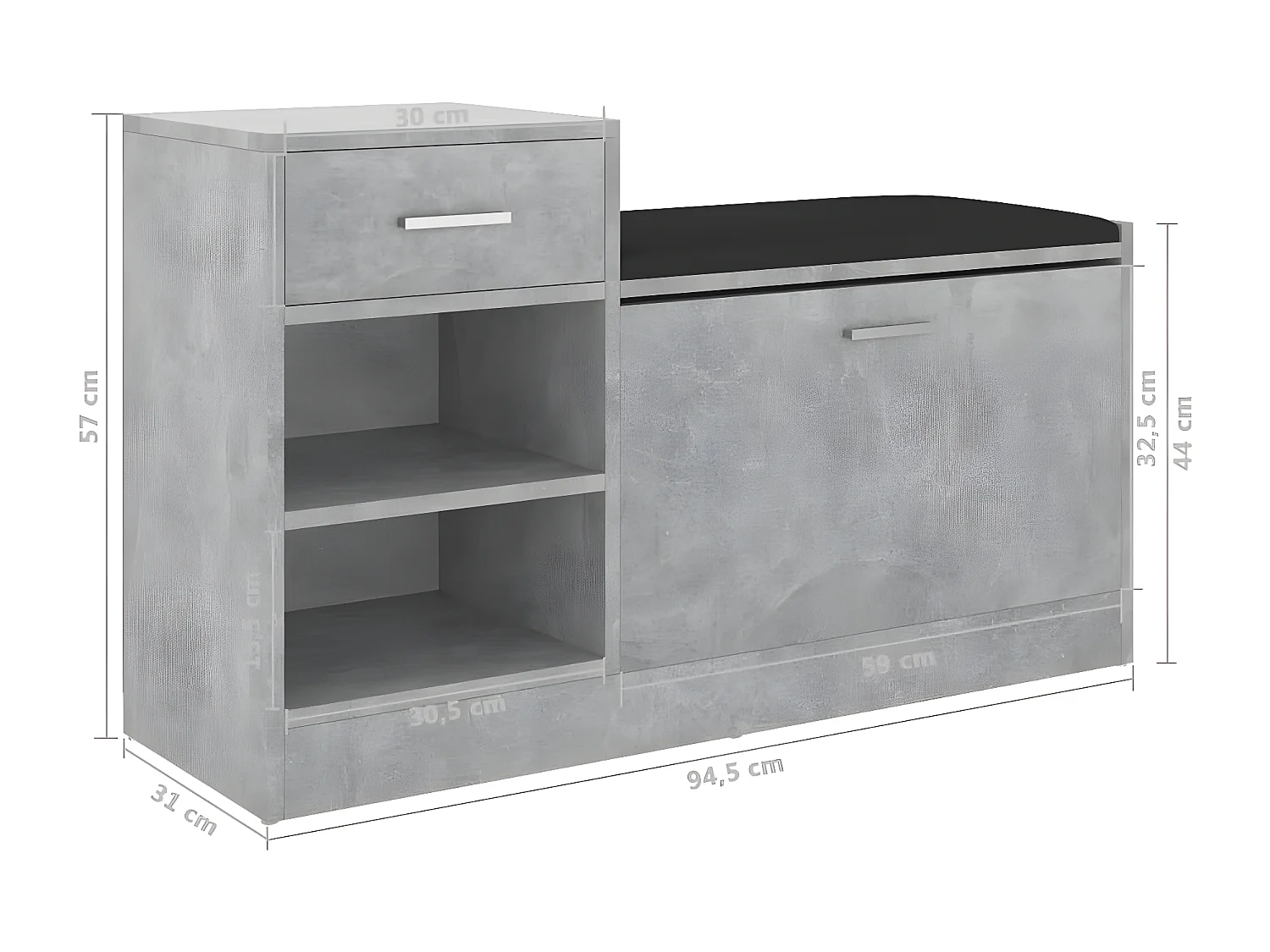 Banc à chaussures Gris béton 94,5x31x57