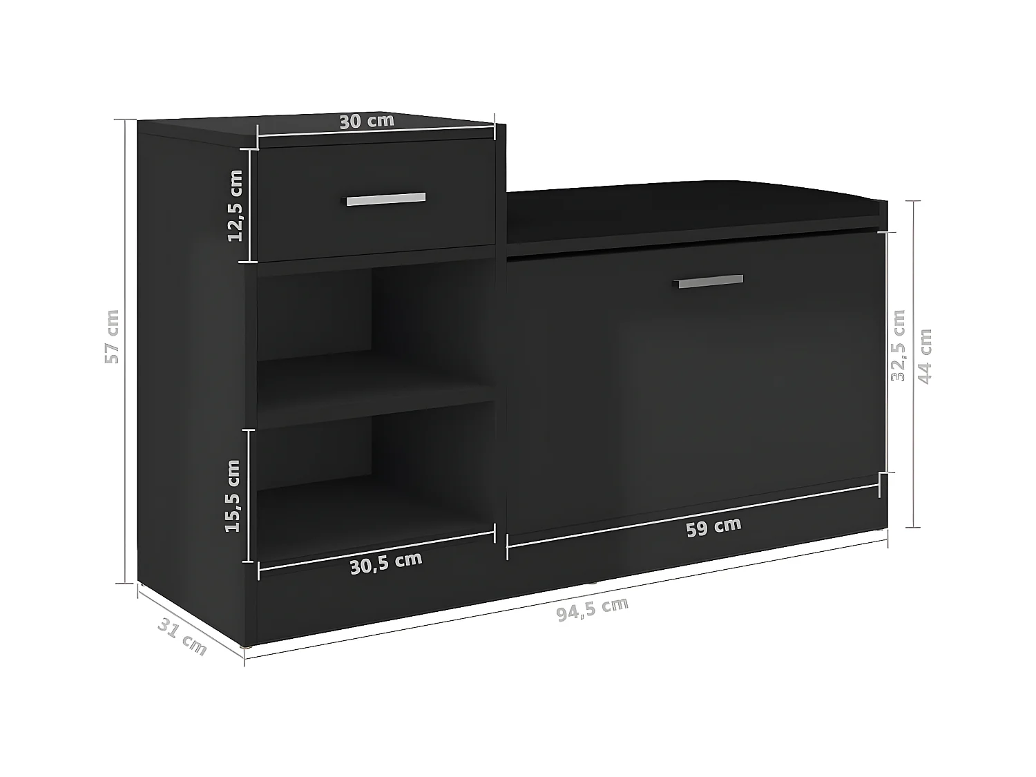 Banc à chaussures Noir brillant 94,5x31x57