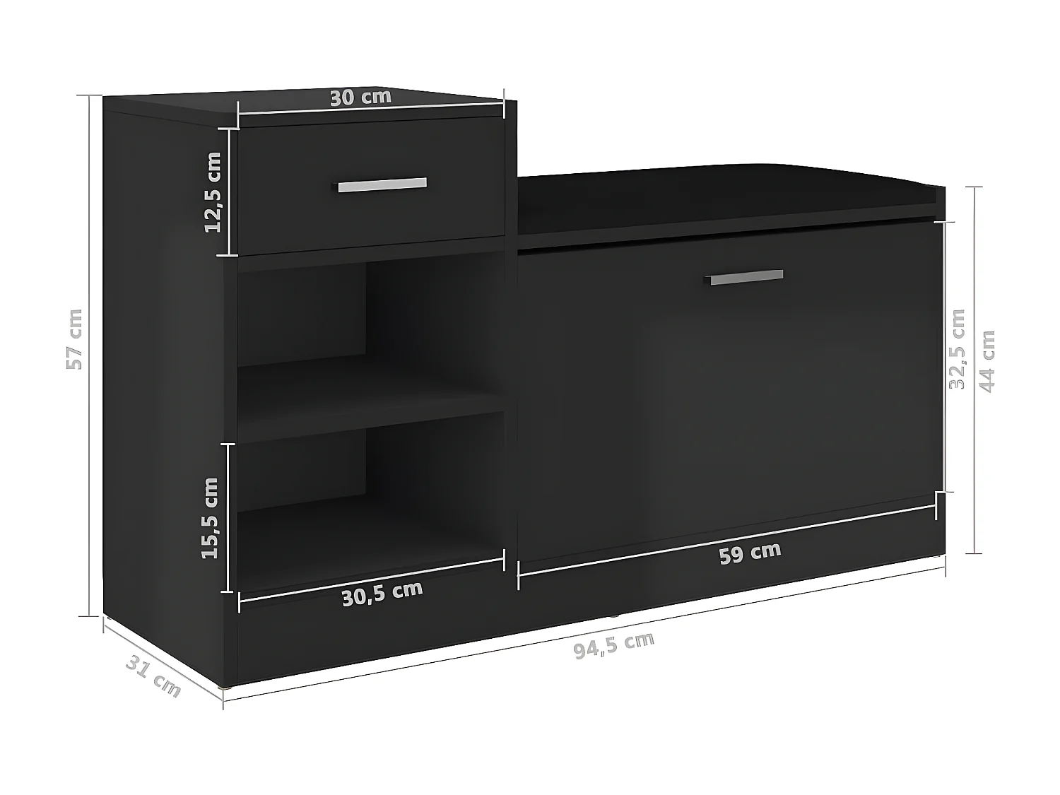 Banc à chaussures Noir brillant 94,5x31x57