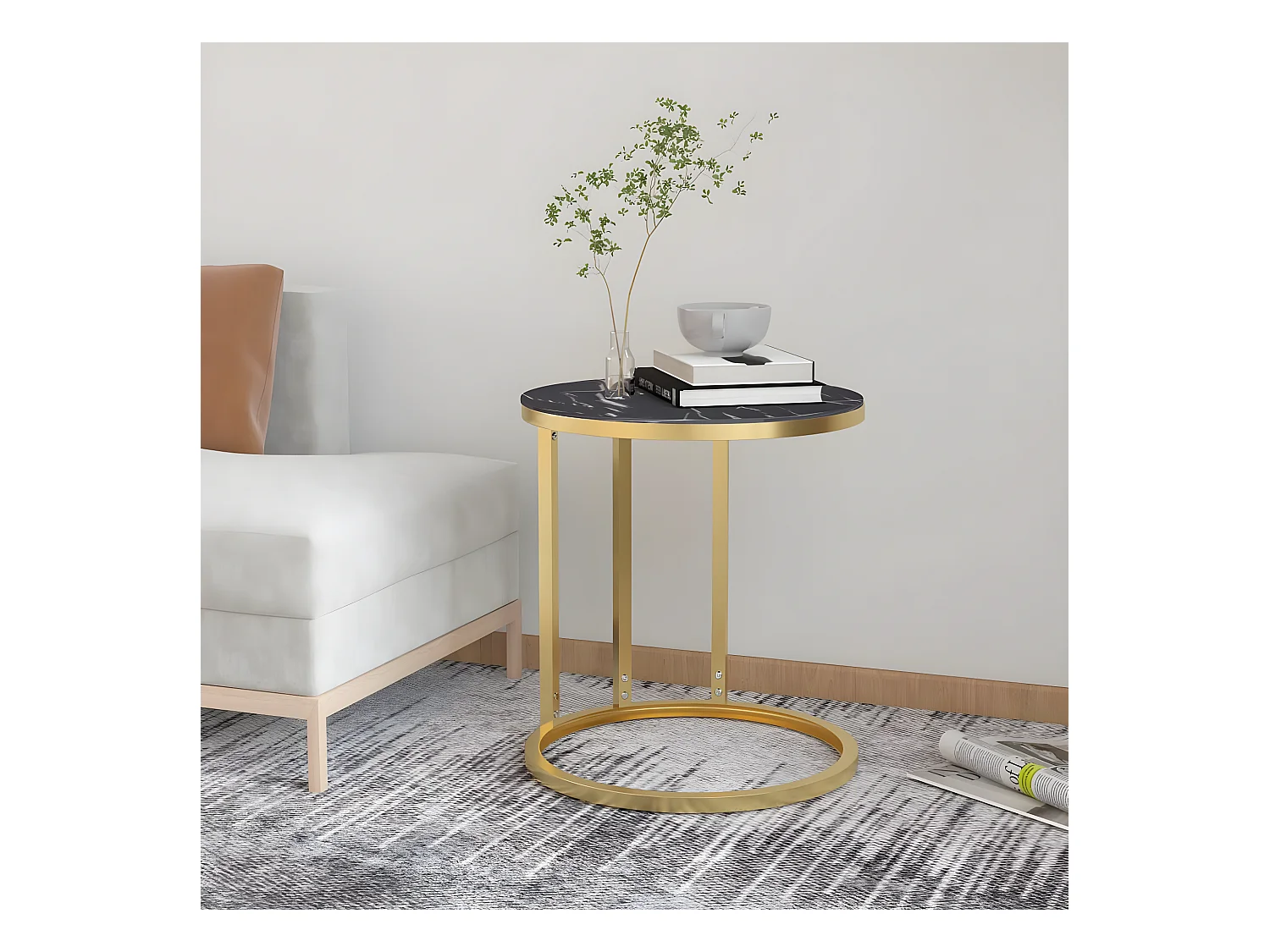Table d'appoint Doré et marbre noir 45cm Verre trempé