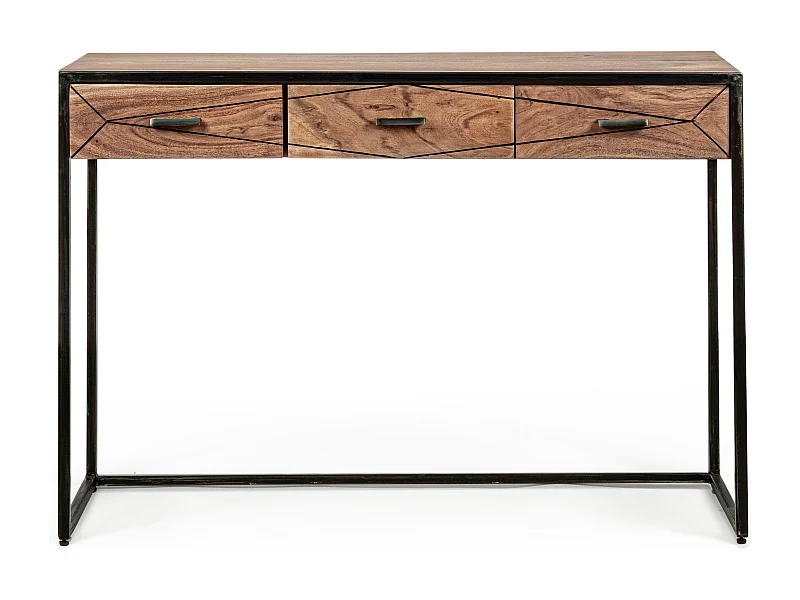 Console 3 tiroirs en bois clair d'acacia vernis mat et acier noir Makune 115cm