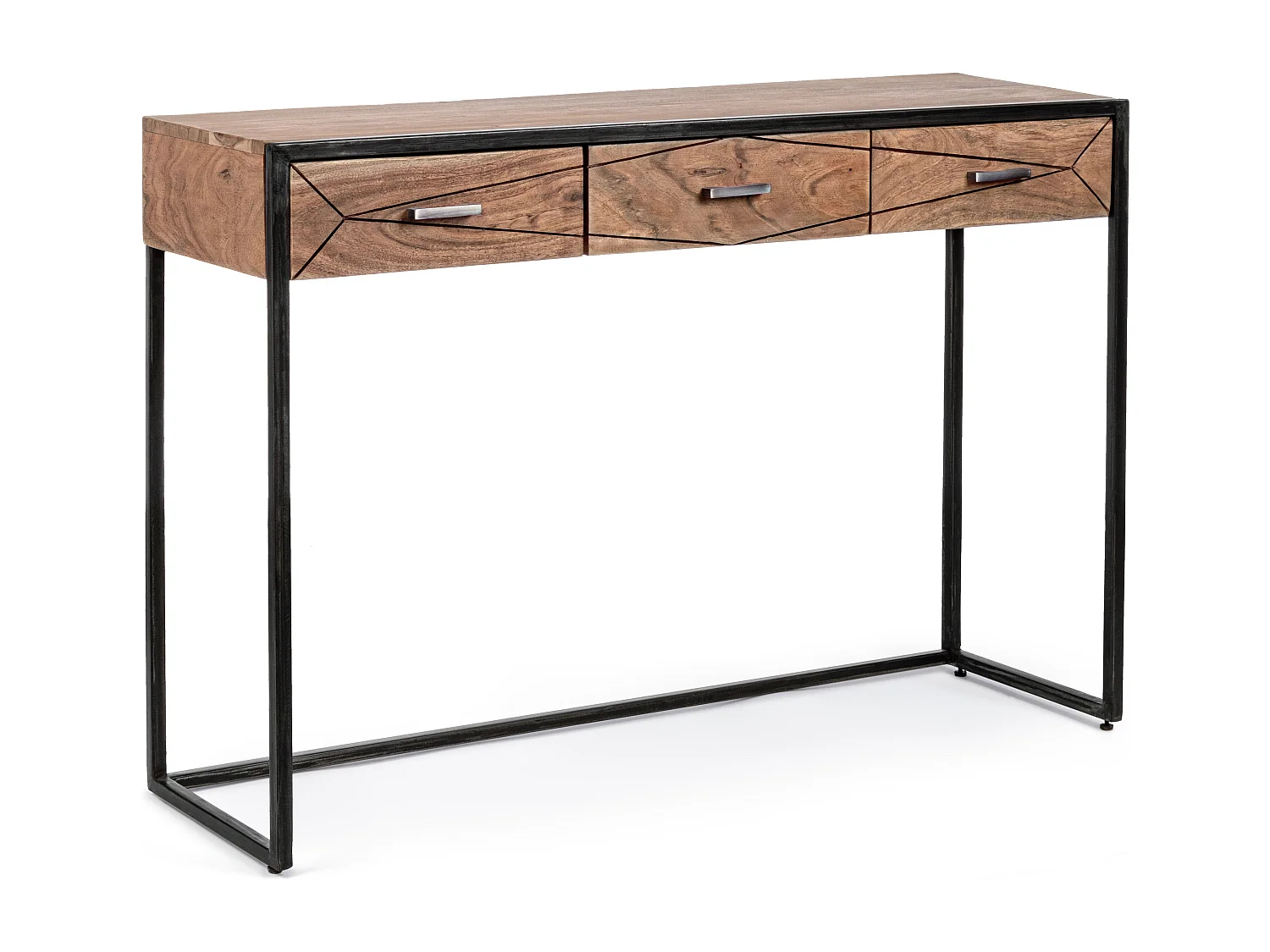 Console met 3 laden in licht mat gelakt acaciahout en Makune zwart staal 115 cm