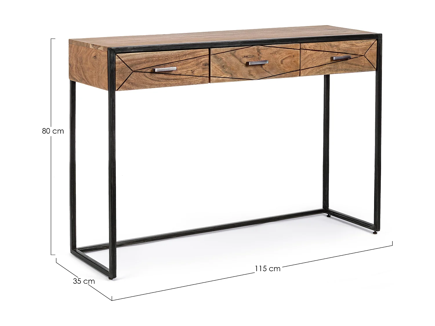 Console met 3 laden in licht mat gelakt acaciahout en Makune zwart staal 115 cm