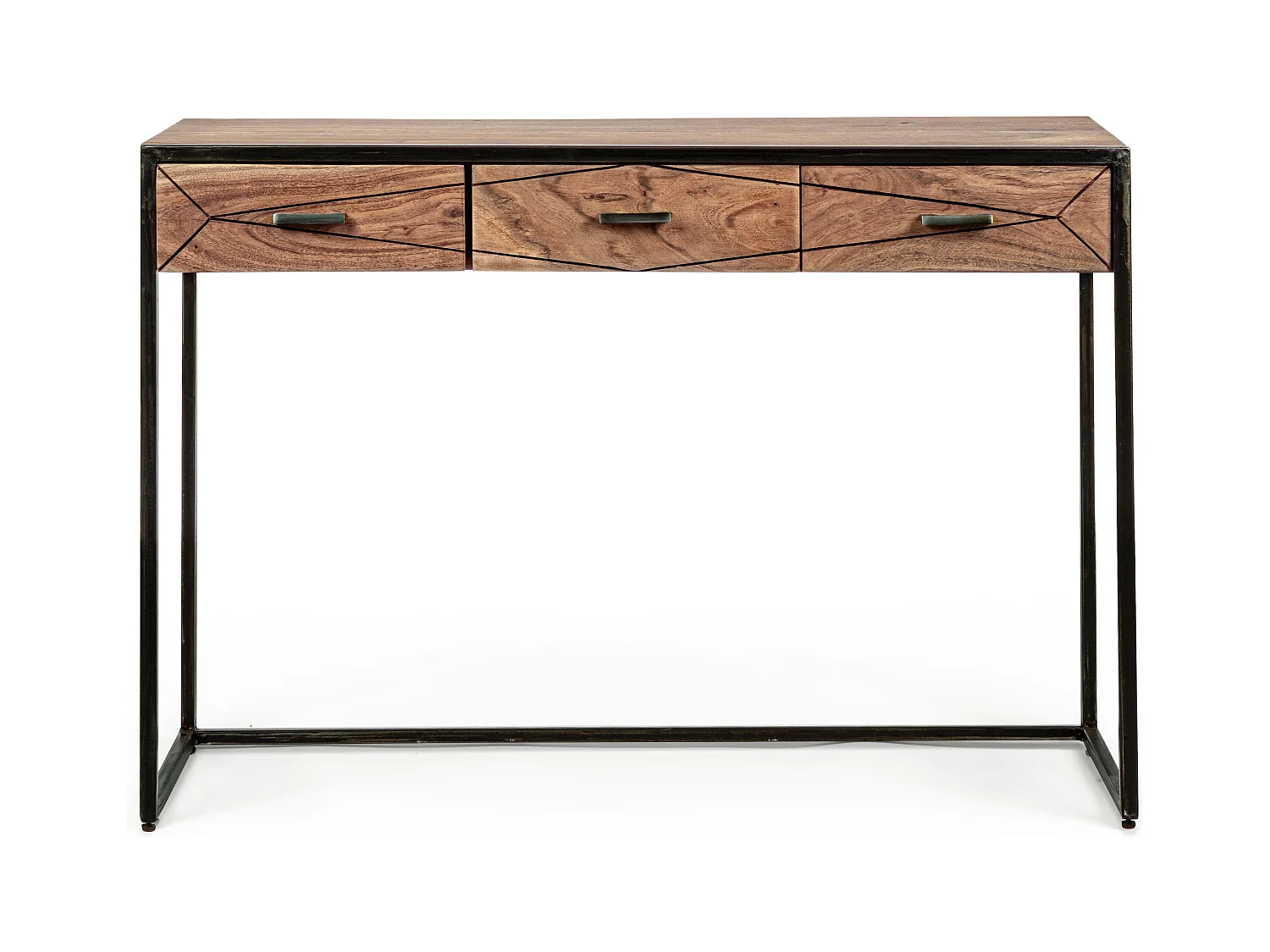 Console 3 tiroirs en bois clair d'acacia vernis mat et acier noir Makune 115cm