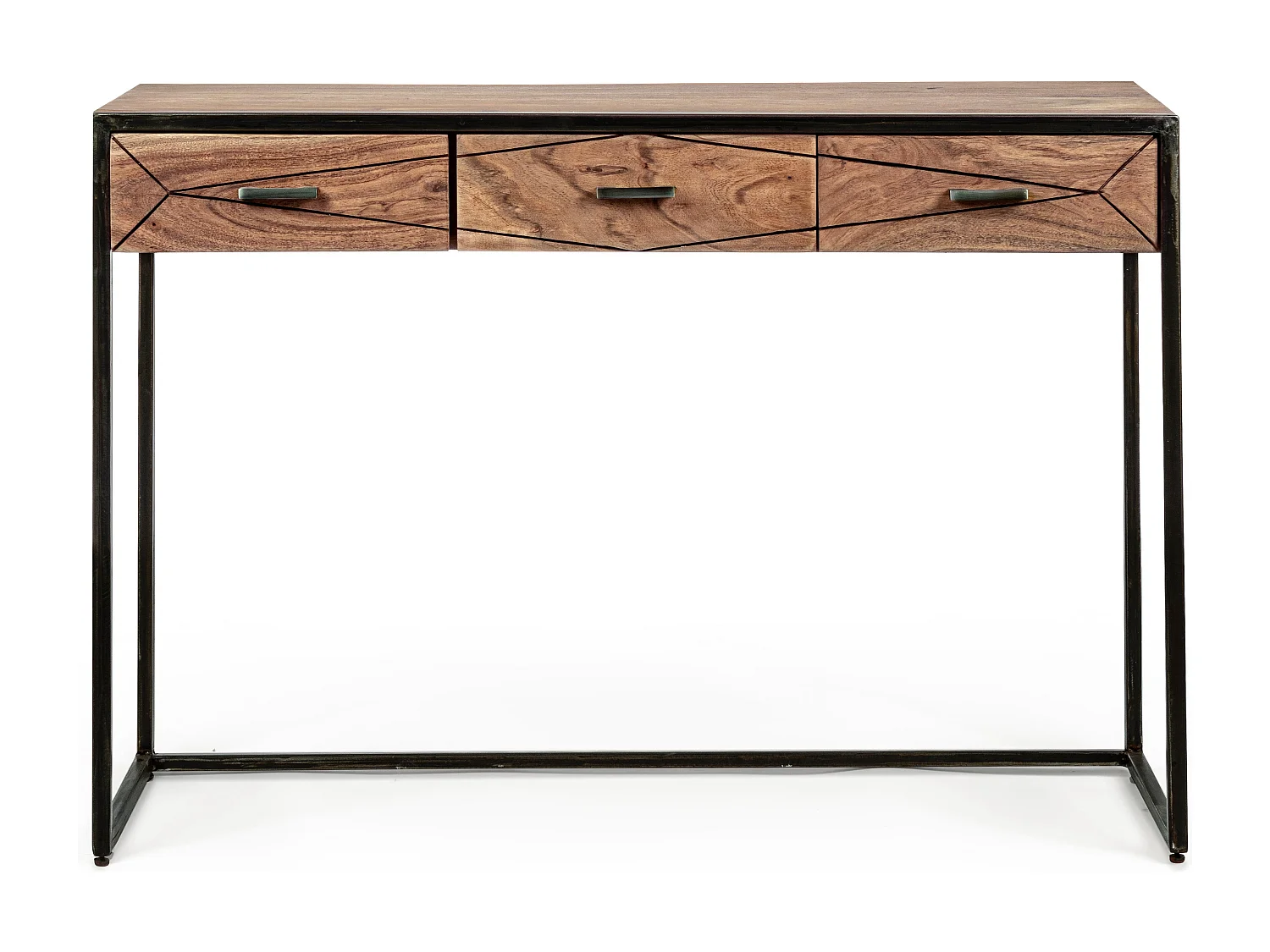 Console met 3 laden in licht mat gelakt acaciahout en Makune zwart staal 115 cm