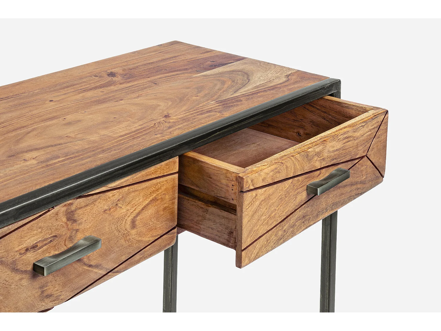 Console met 3 laden in licht mat gelakt acaciahout en Makune zwart staal 115 cm