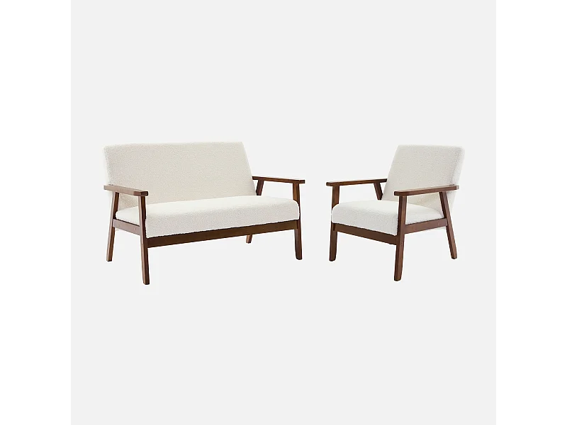 Sofá y sillón 2 plazas en tejido borreguito, patas teñidas nogal claro