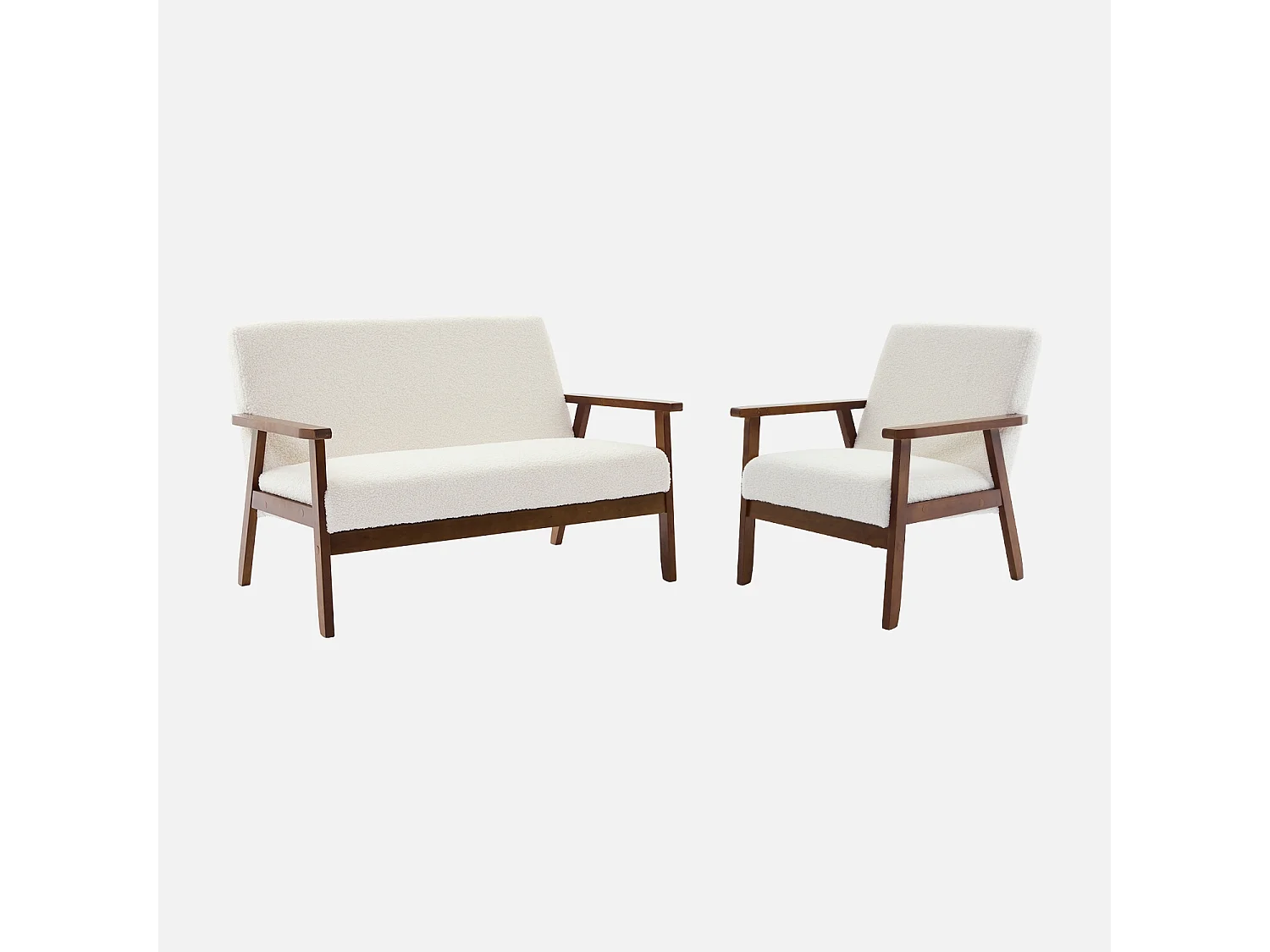 Sofá y sillón 2 plazas en tejido borreguito, patas teñidas nogal claro