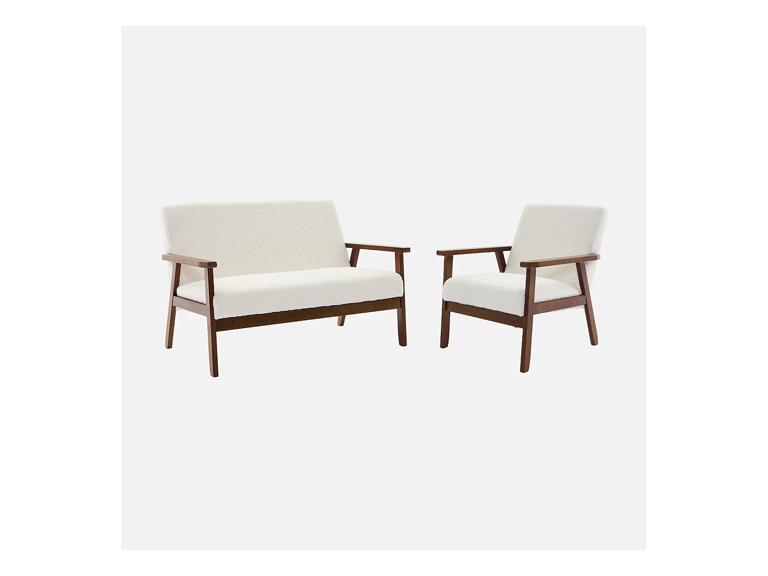 Canapé banquette 2 places et fauteuil tissu bouclette. pieds teinté noyer clair