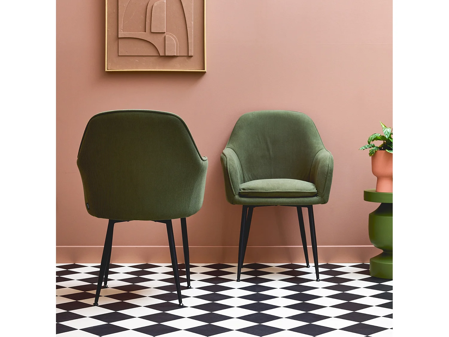 Sillón de pana con patas de metal negro mate, set de 2 kaki oscuro