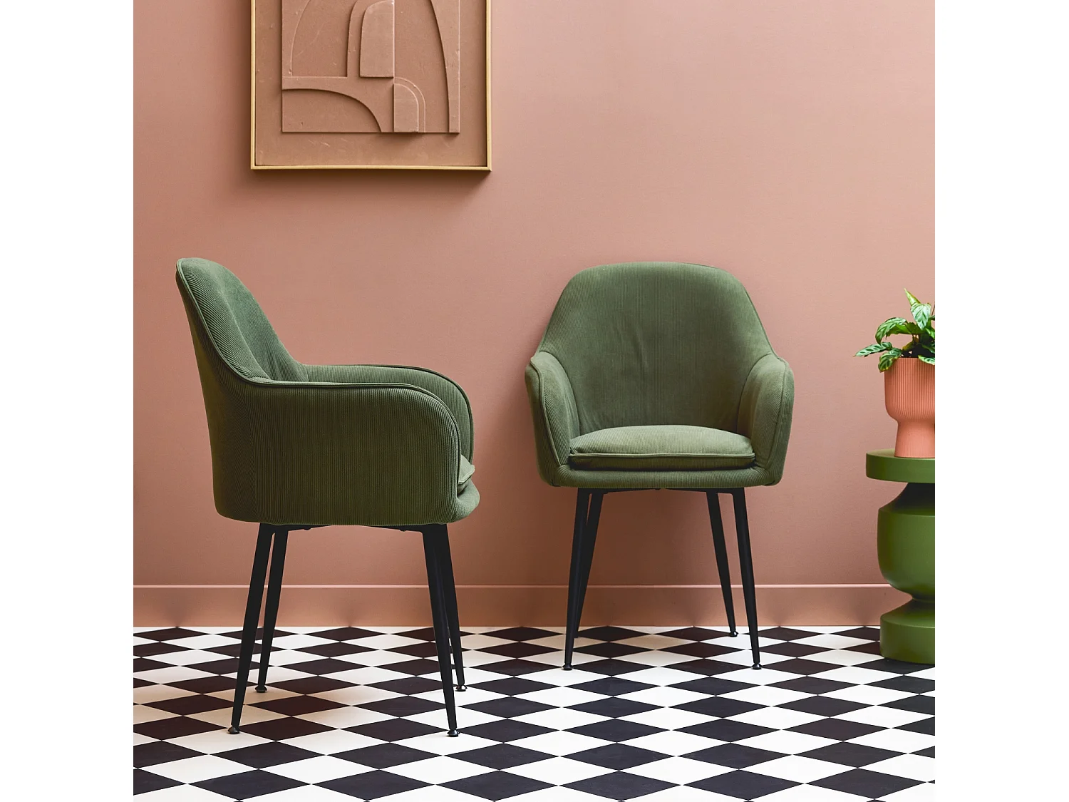 Sillón de pana con patas de metal negro mate, set de 2 kaki oscuro