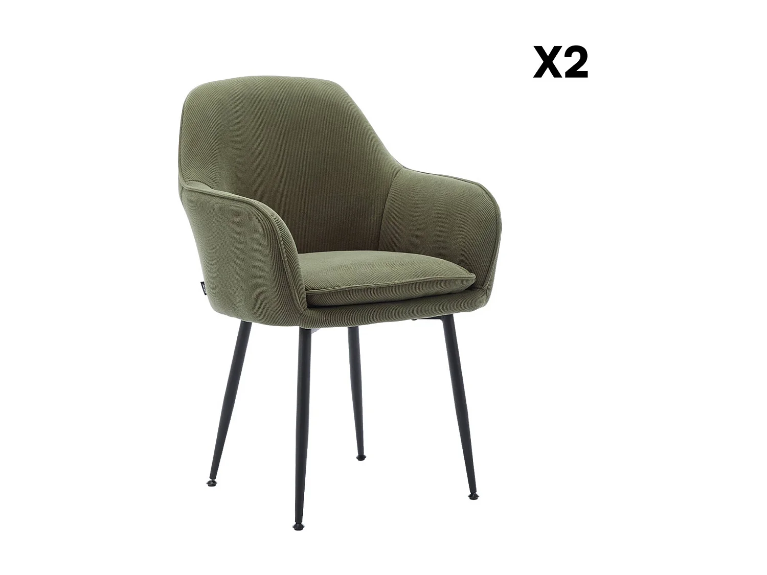 Lot de 2 fauteuils en velours côtelé kaki et pieds en métal noir mat. L 57 x P 59 x H 84.5