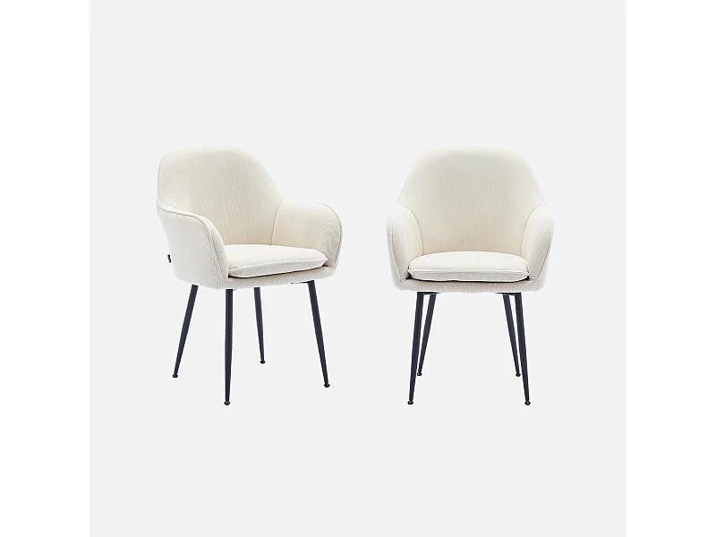 Sillón de pana con patas de metal negro mate, set de 2 blanco roto