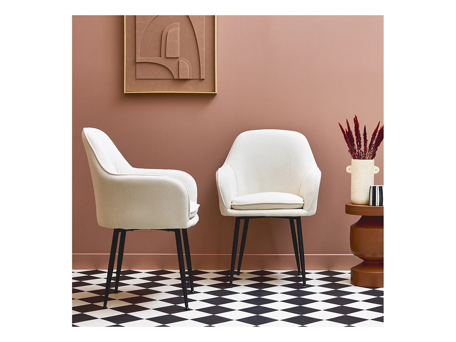 Sillón de pana con patas de metal negro mate, set de 2 blanco roto